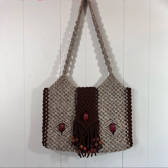 Vintage Handmade Boho Macrame Shoulder Bag Purse Wood Beads Tassels Brown Tan - Picture 2 of 7
